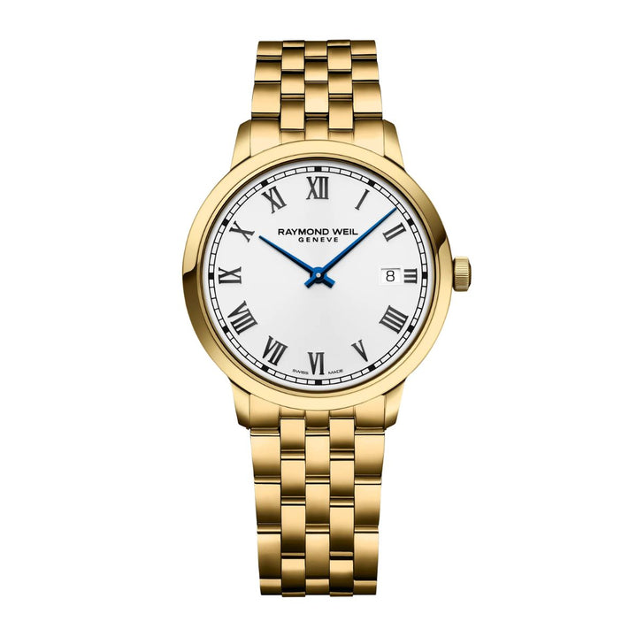 Raymond Weil Toccata 5485-P-00359 men's quartz watch with white Roman numeral dial and yellow gold PVD case
