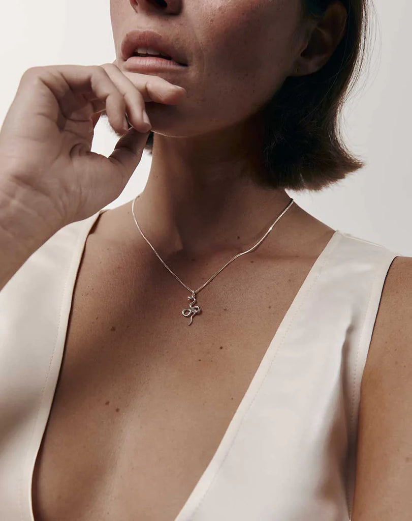 Meadowlark silver medusa necklace worn by a model