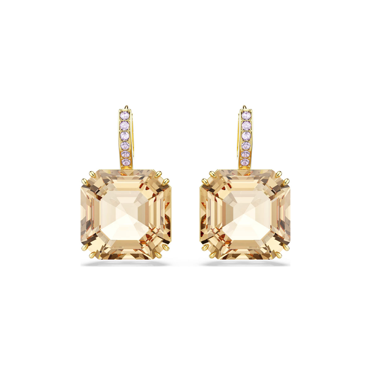 Swarovski Millenia drop earrings, 18K gold finish with caramel crystal and purple pavé accent