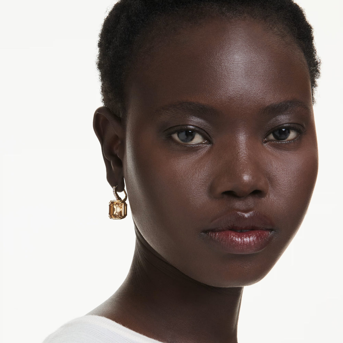 Swarovski Millenia drop earrings, 18K gold finish with caramel crystal and purple pavé accent