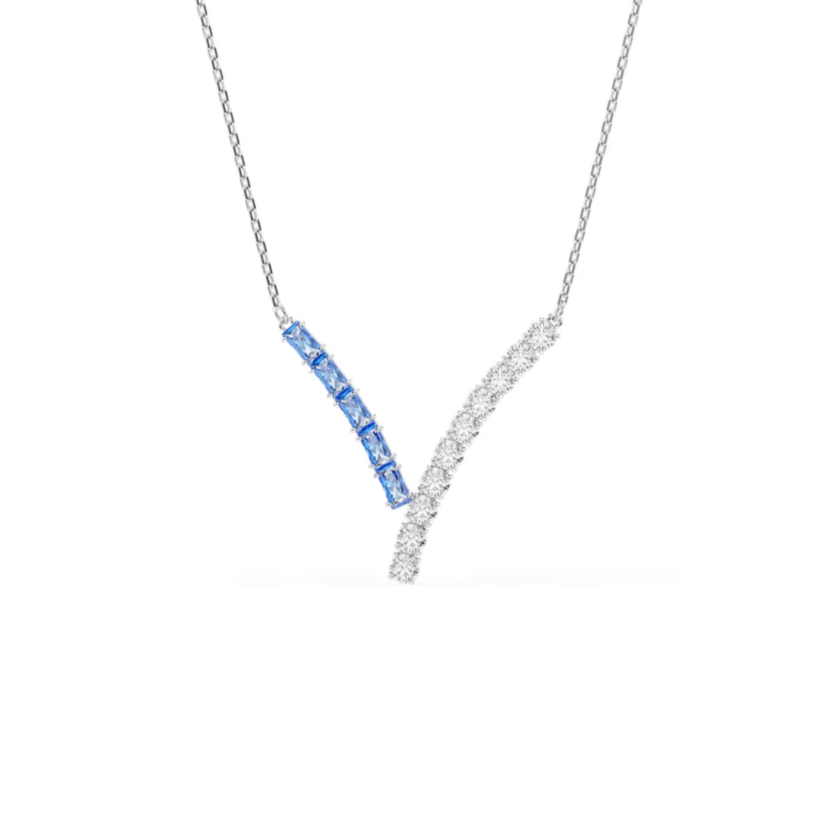 Swarovski Matrix pendant, rhodium-plated V-shape design with clear and blue crystals