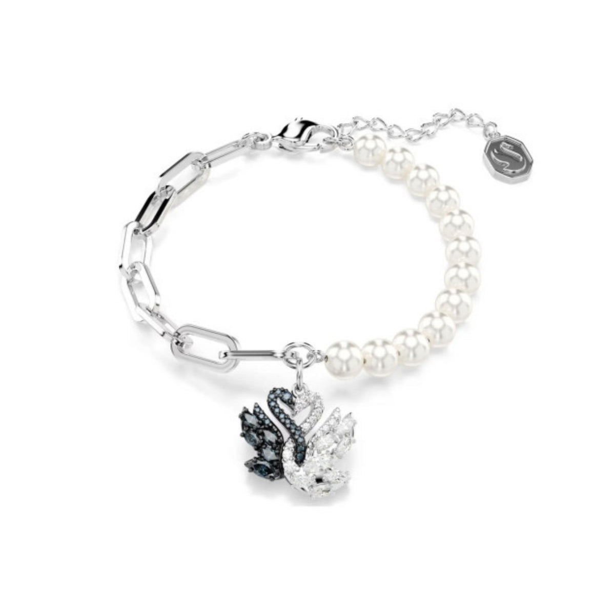 Swarovski Swan bracelet, crystal pearl strand with rhodium and ruthenium-plated swan motif