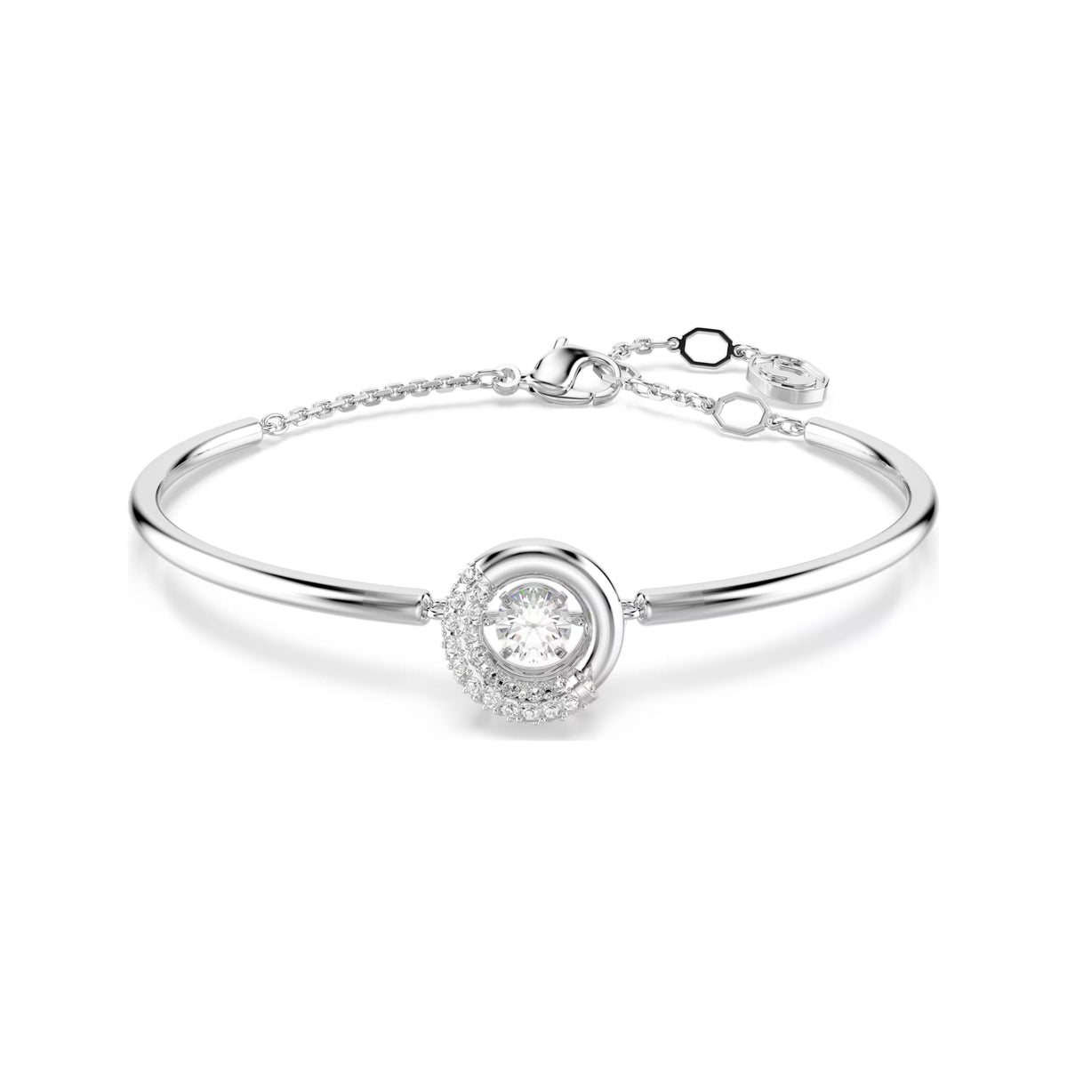 Swarovski Dextera bangle, rhodium-plated hoop with pavé crystals and dancing stone