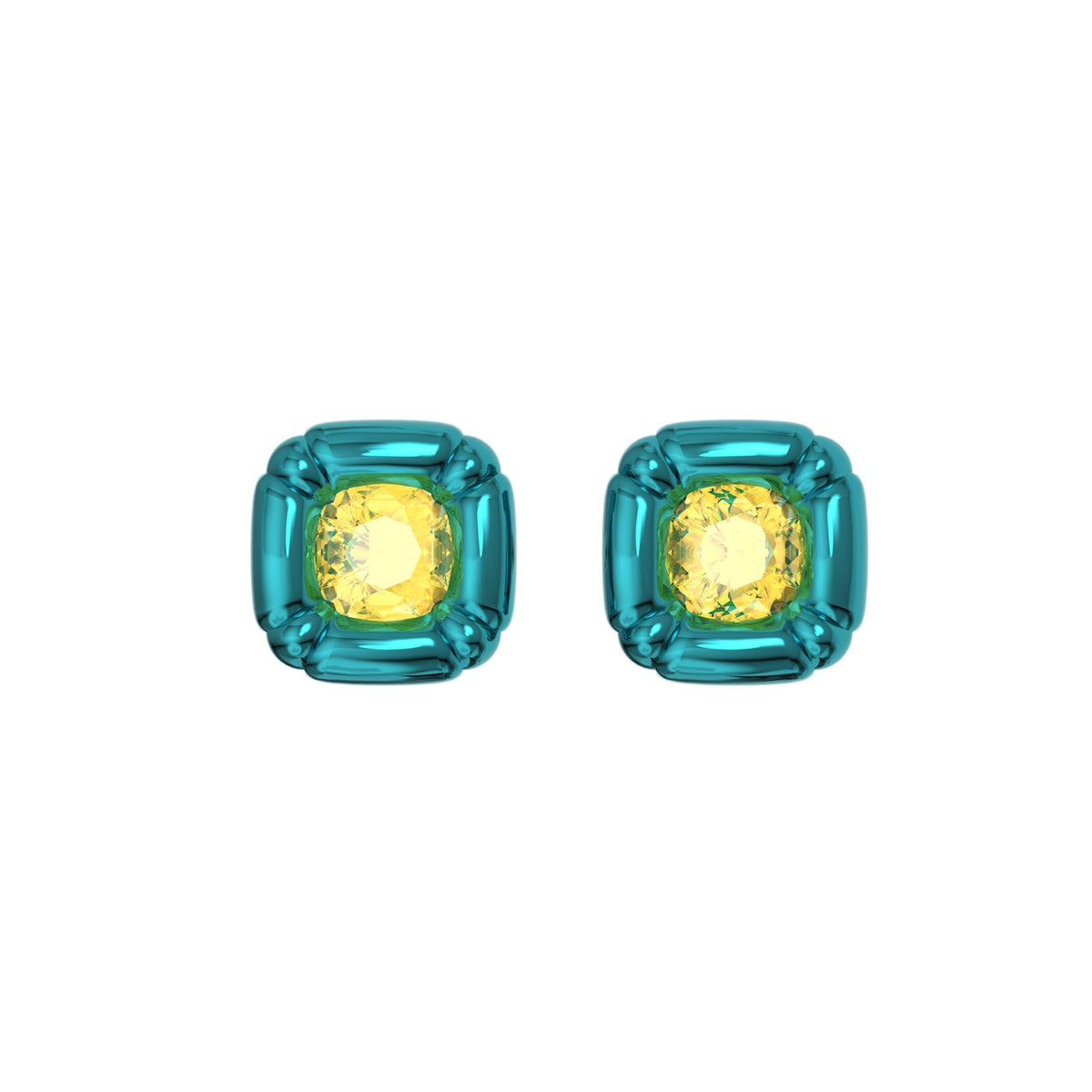 Swarovski Dulcis stud earrings, yellow cushion-cut crystal in rounded blue setting