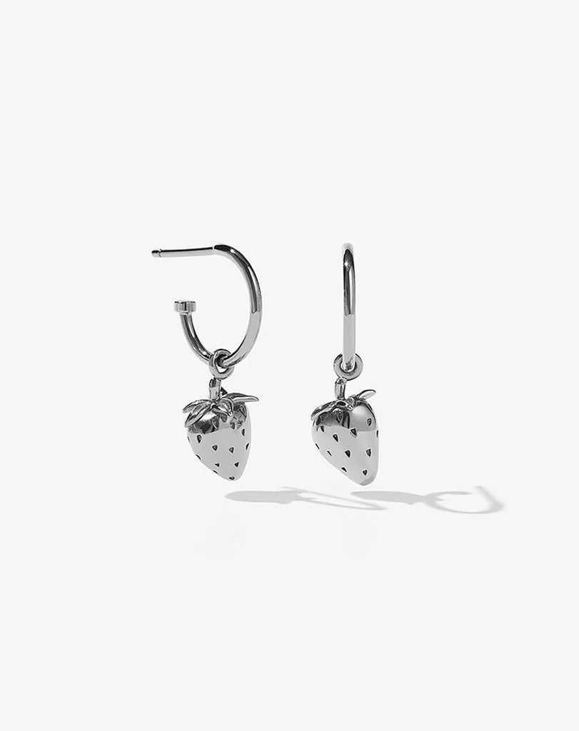 Silver strawberry hoop earrings