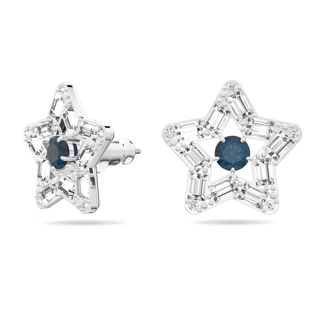Swarovski crystal star stud earrings with a blue crystal in the centre