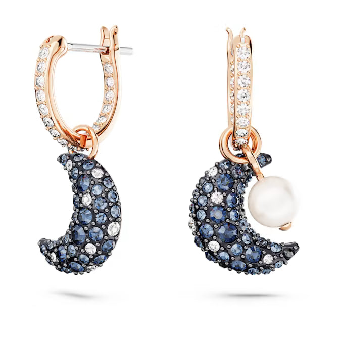 Crescent moon hoop earrings with black swarovski crystals