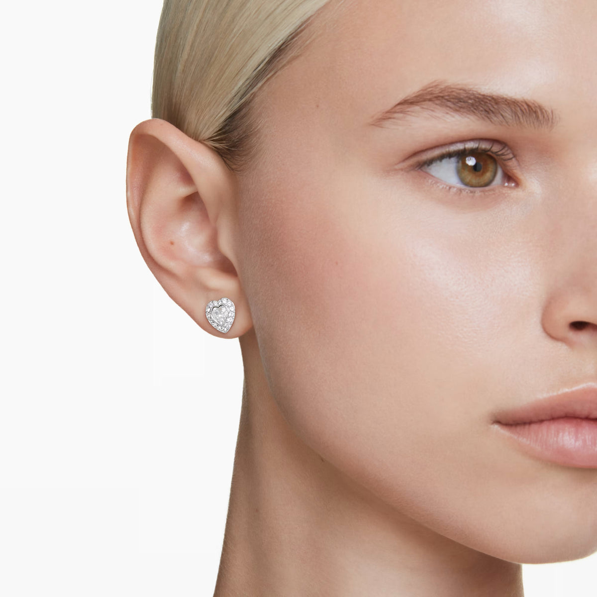Ariana Grande x Swarovski heart stud earrings, rhodium-plated crystal with pavé halo