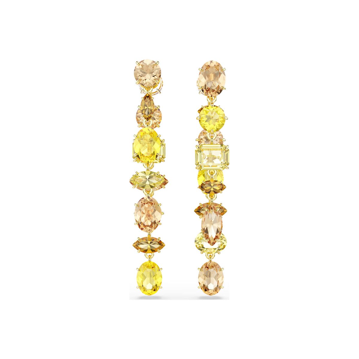 Swarovski Gema drop earrings, 18K gold-finish asymmetrical design in yellow and amber tones