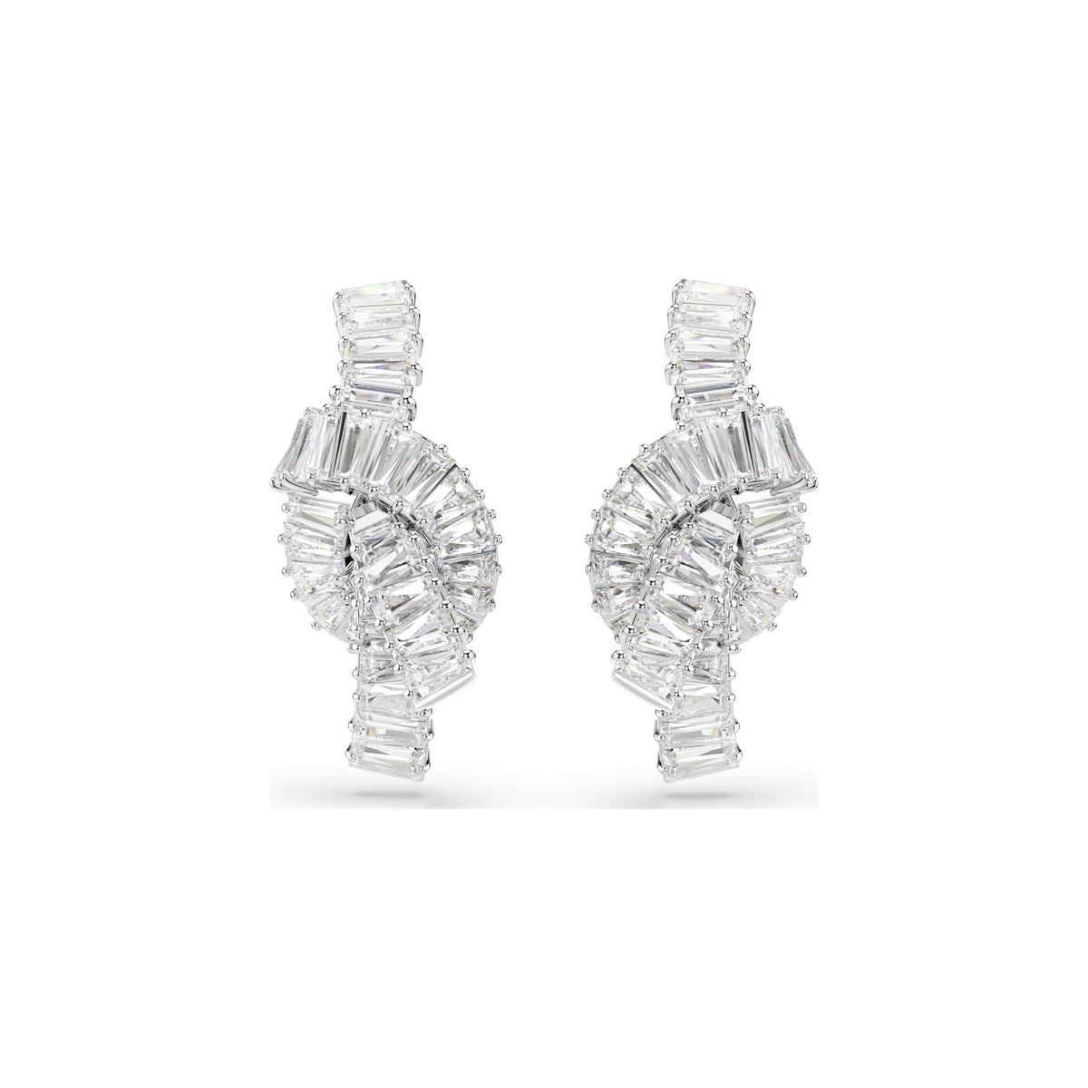 Swarovski Matrix knot earrings, rhodium plated with baguette cut crystals