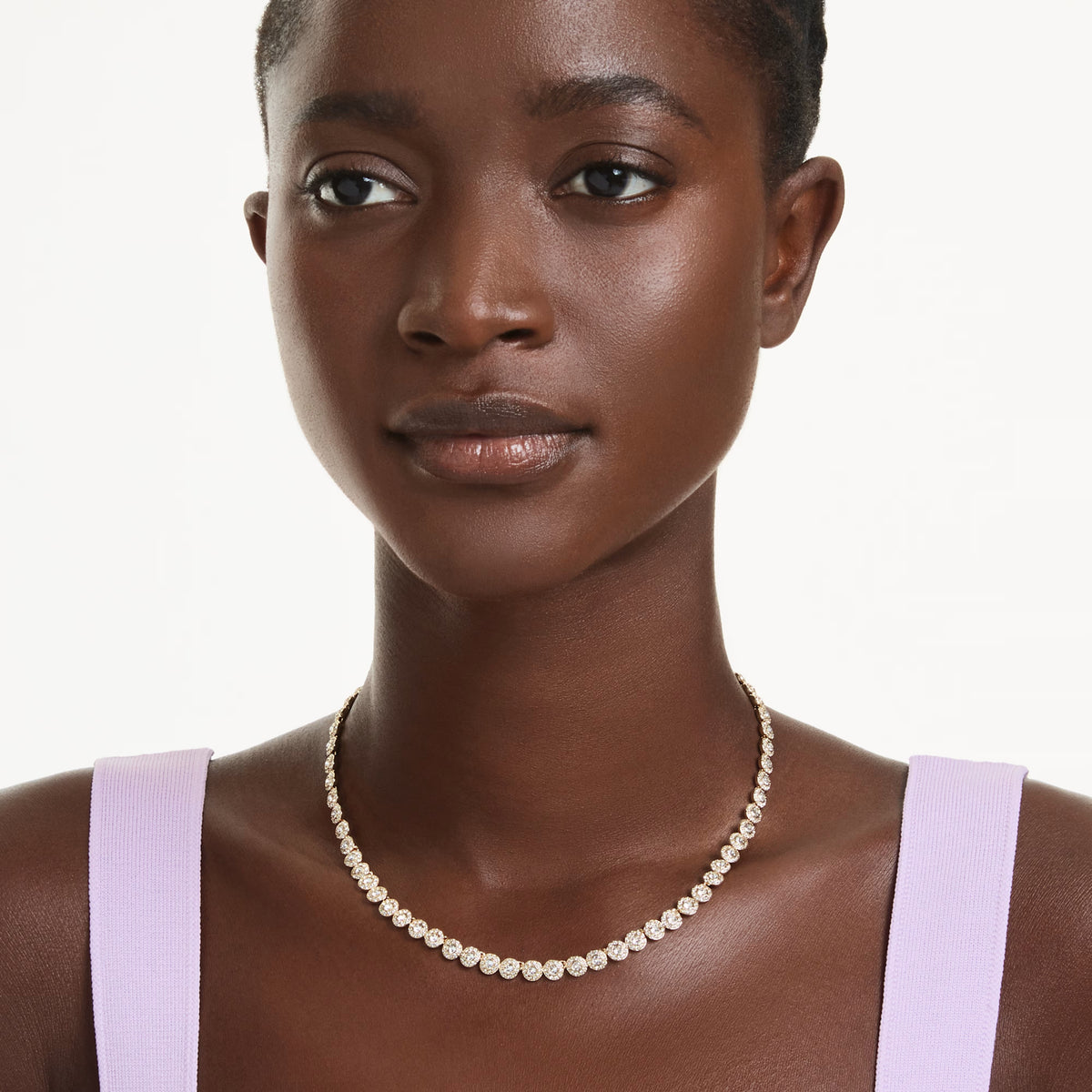 Swarovski Una Angelic necklace, 18K gold-finish with round-cut crystal pavé halo pendant