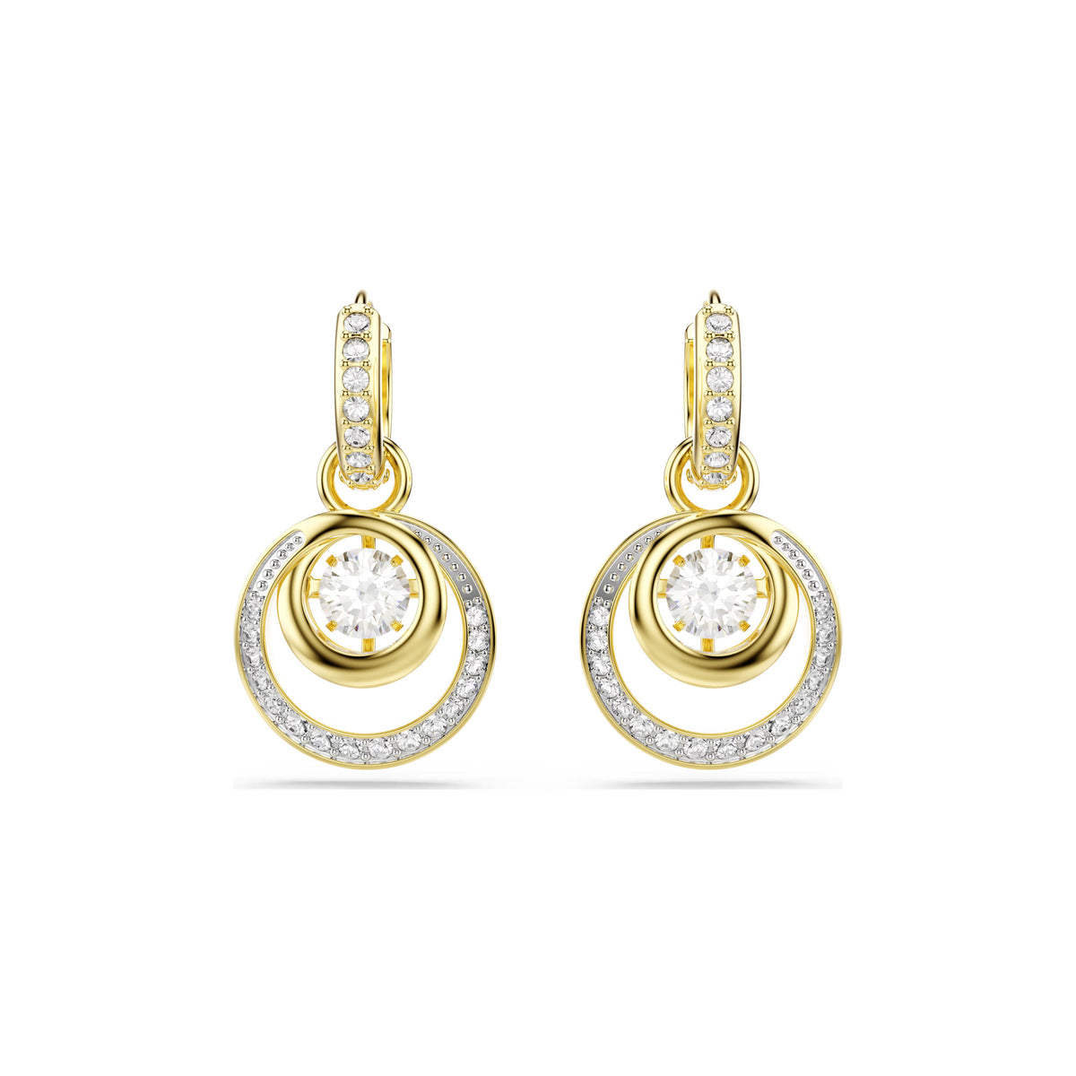 Swarovski Hyperbola drop earrings, 18K gold finish with dancing stone and crystal spirals