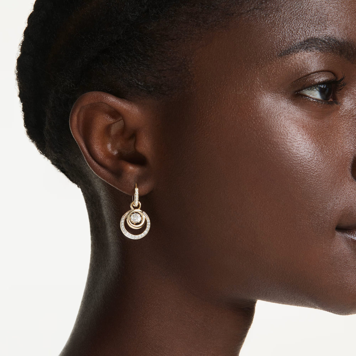 Swarovski Hyperbola drop earrings, 18K gold finish with dancing stone and crystal spirals