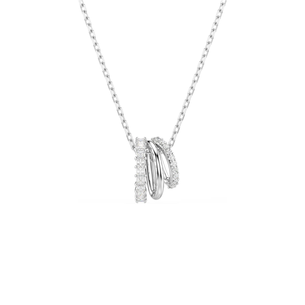 Swarovski Hyperbola pendant, rhodium-plated triple hoop design with crystal accents
