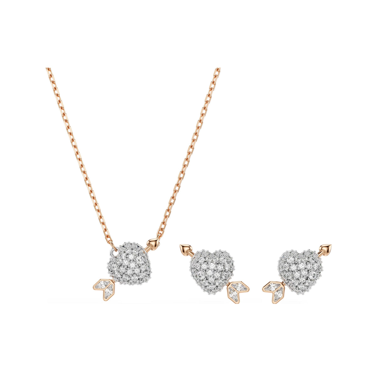 Swarovski Idyllia pendant and earrings set, rhodium-plated crystal heart and arrow design