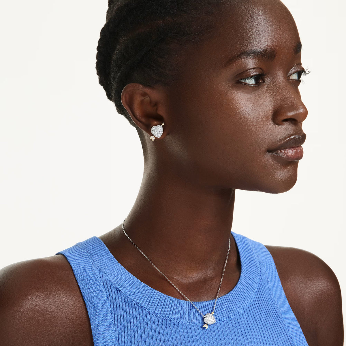 Swarovski Idyllia pendant and earrings set, rhodium-plated crystal heart and arrow design