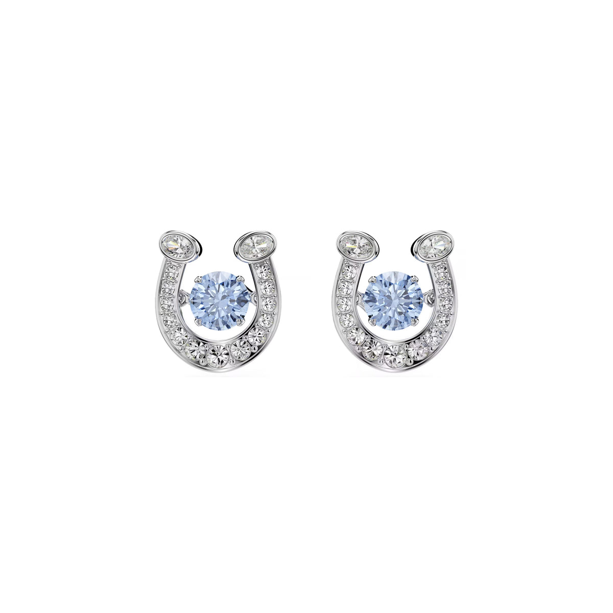 Swarovski Symbolica stud earrings, rhodium-plated horseshoe with blue dancing stone