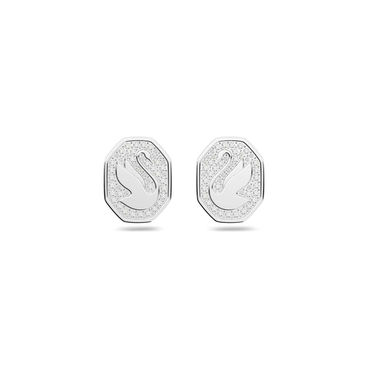 Swarovski Signum Earrings, White – octagonal stud earrings with Swarovski swan emblem