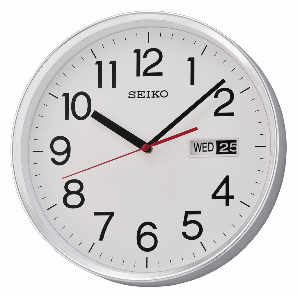 White Seiko wall clock with red second hand