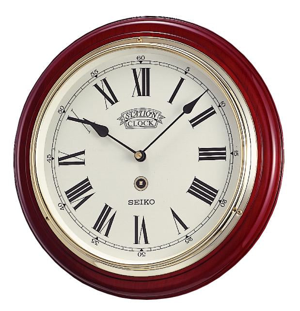 Seiko Station clock with wooden frame and roman numerals