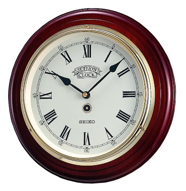 Seiko Station wall clock with a wooden frame
