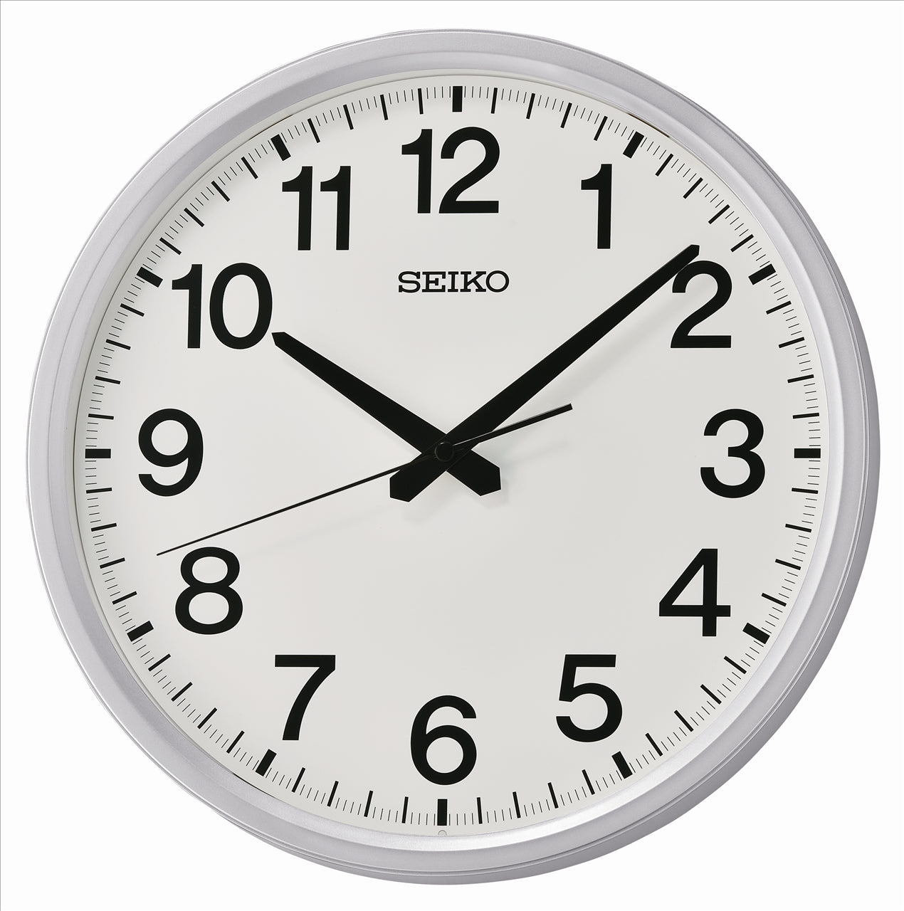 White Seiko wall clock with black numbers and black hands