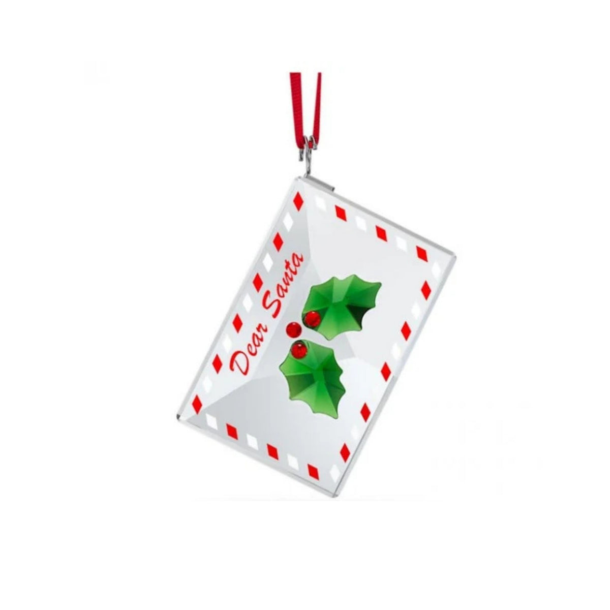 Swarovski Holiday Cheers Letter to Santa crystal ornament on a red ribbon