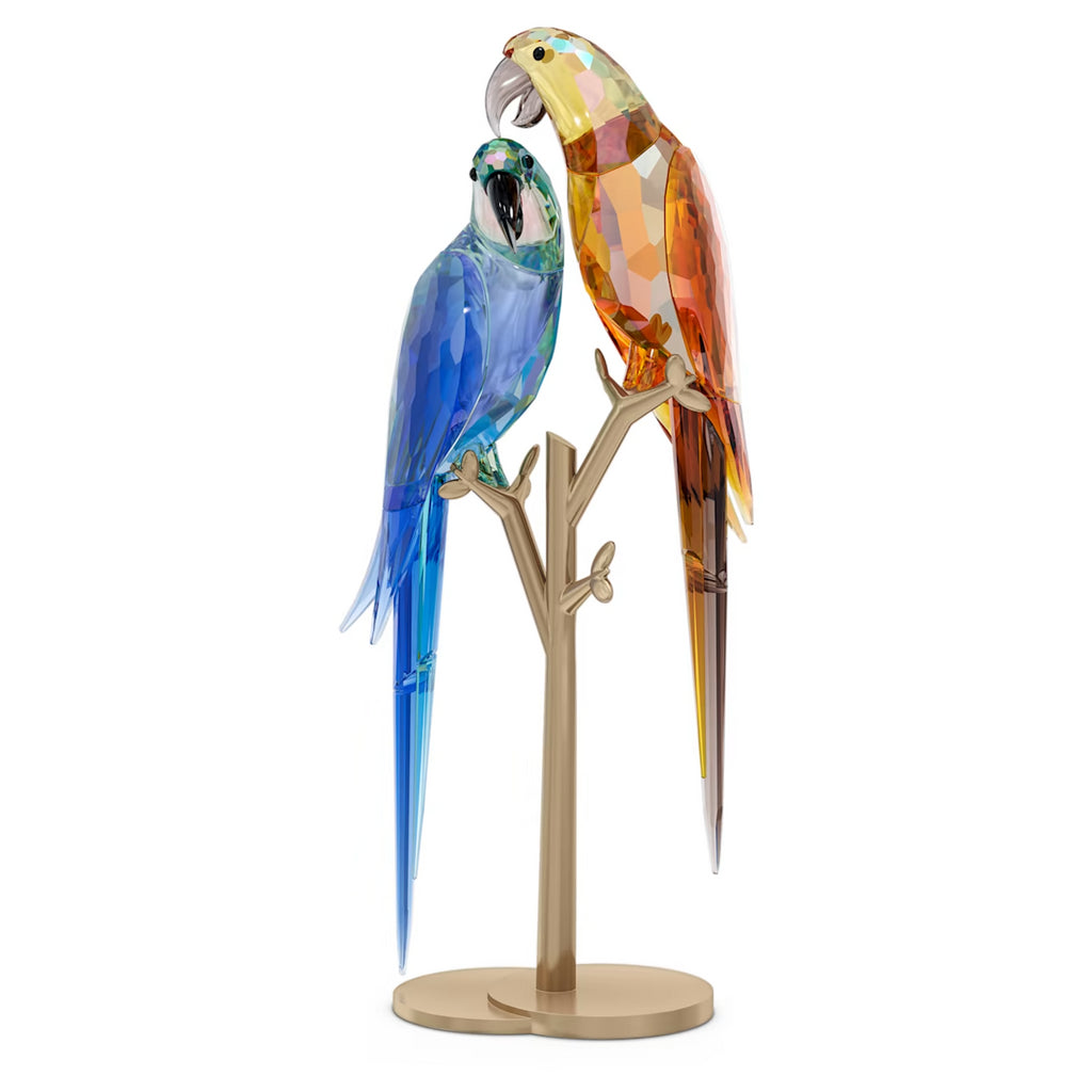 Two parrots crafted from Swarovski crystal sit on a brass branch