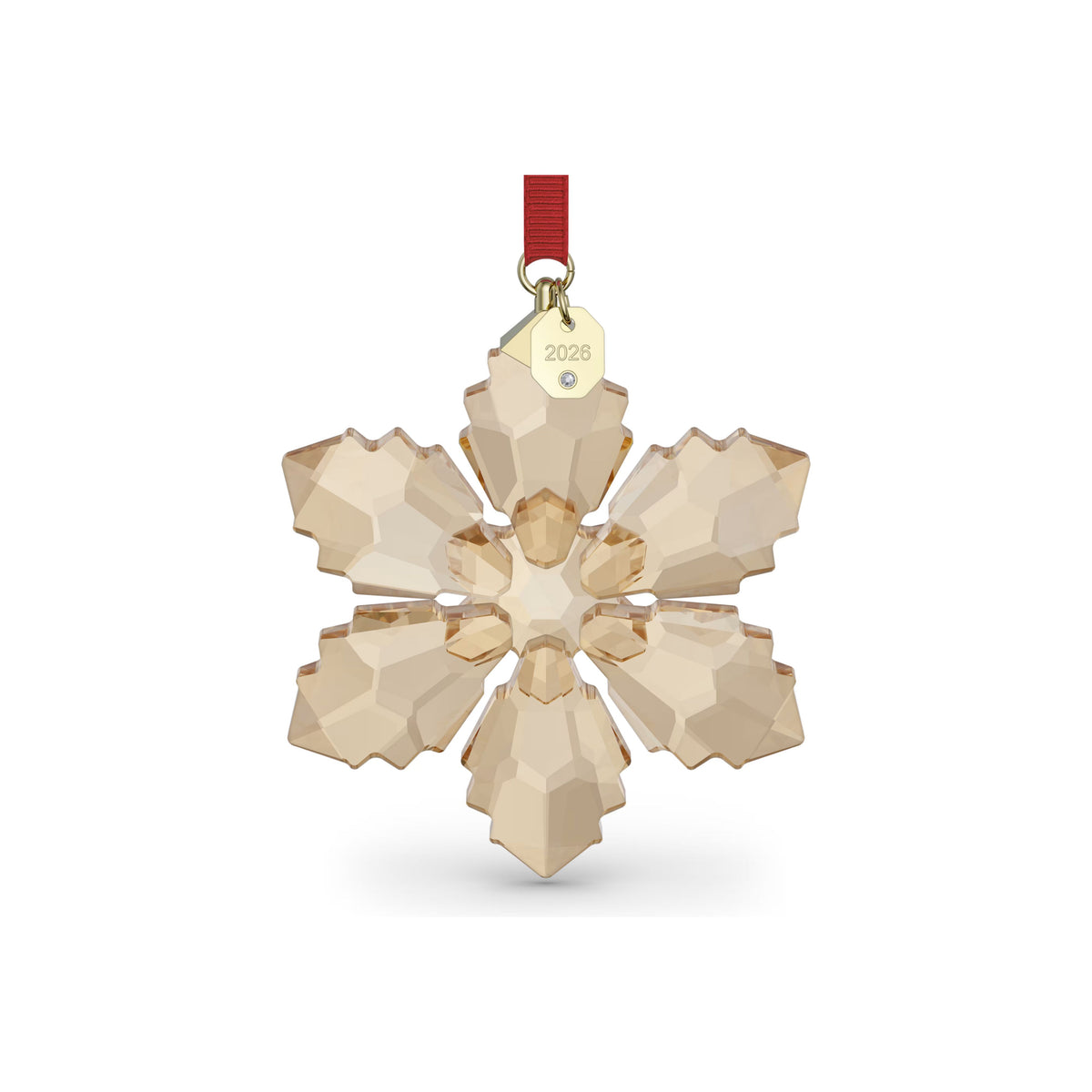 Swarovski Annual Edition 2026 Festive snowflake ornament in Golden Shadow on red ribbon