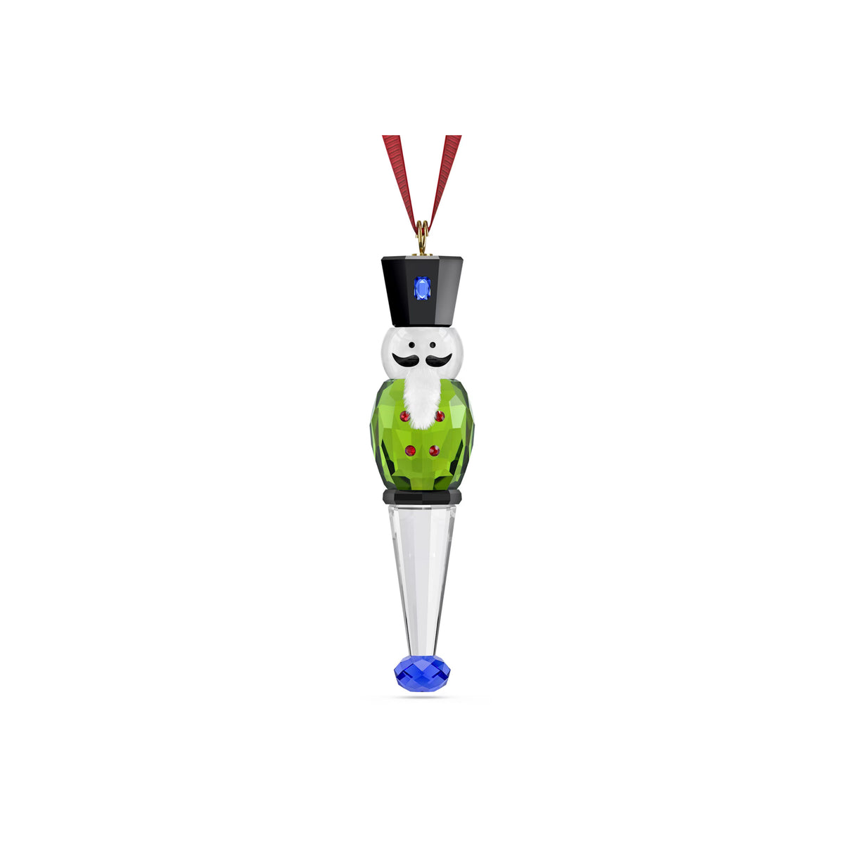 Swarovski Holiday Cheers green crystal nutcracker ornament with red ribbon