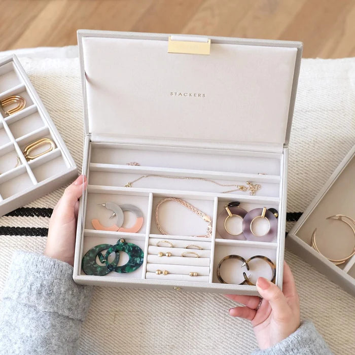 Taupe grey Stackers Jewellery Box lid with compartments for earrings, rings, bracelets, and necklaces