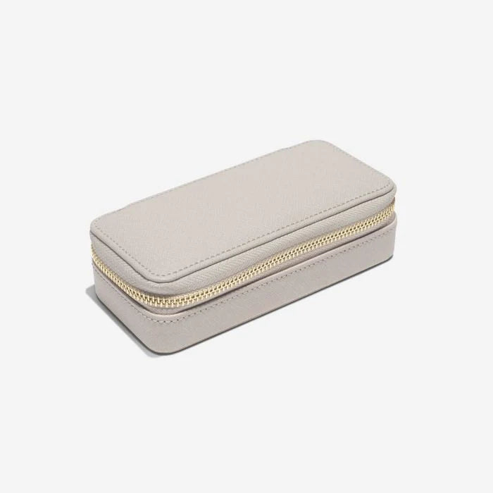Grey Taupe travel jewellery box with a gold zip