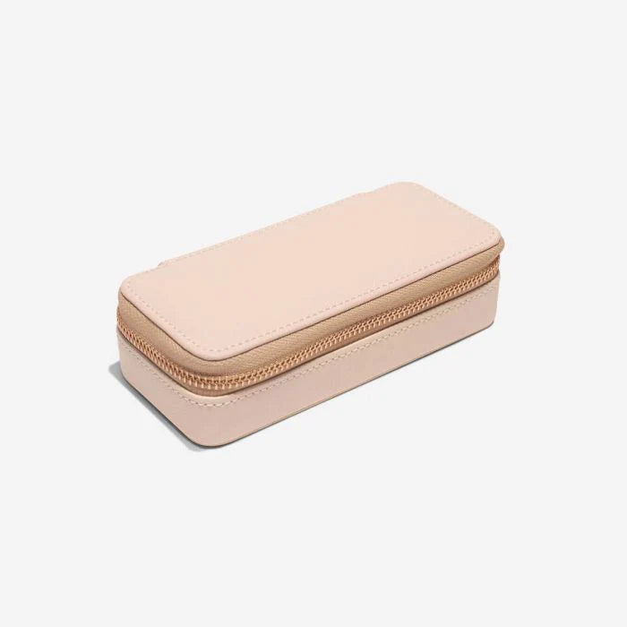 Pink travel-sized jewellery box with rose gold zip