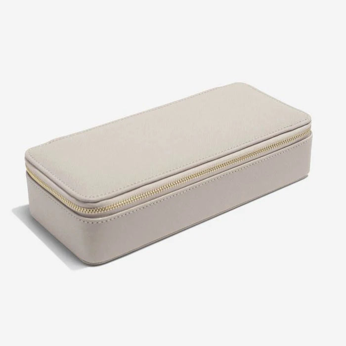 Stackers taupe travel jewellery box with a gold zip