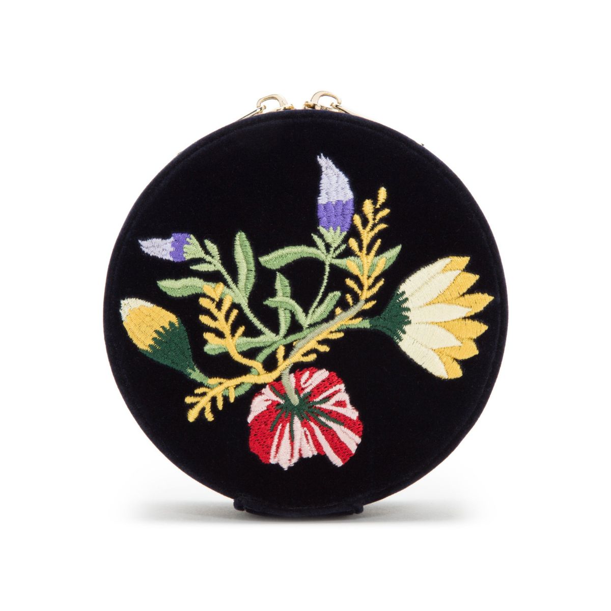 WOLF Zoe round travel jewellery case in indigo velvet with floral embroidery, closed view