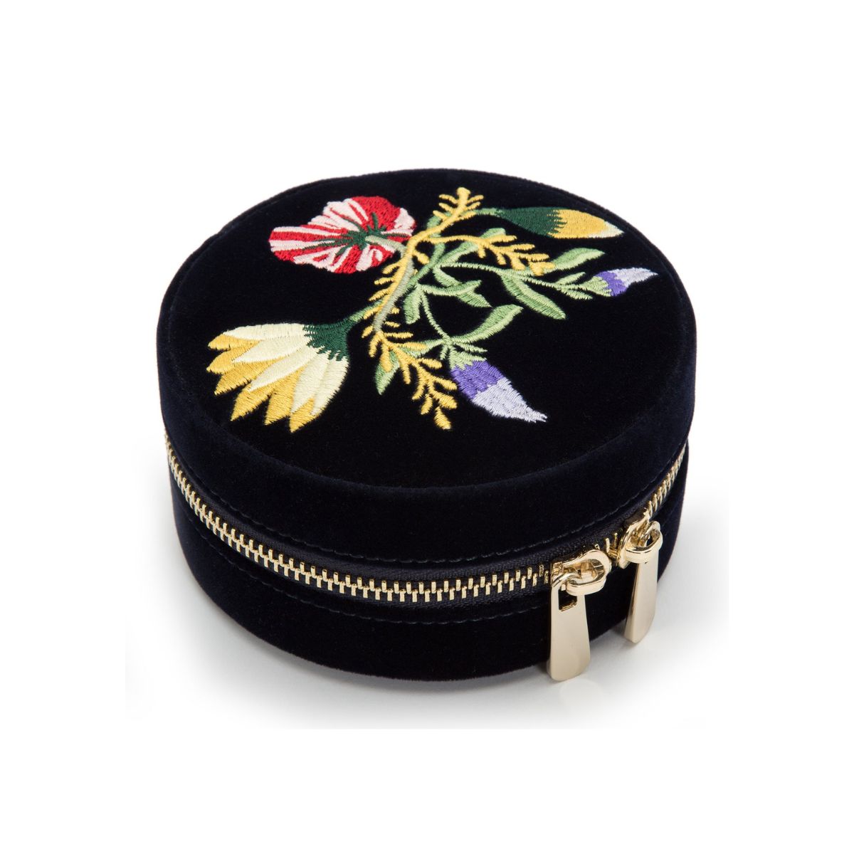 WOLF Zoe round jewellery case showing floral embroidery detail on velvet exterior