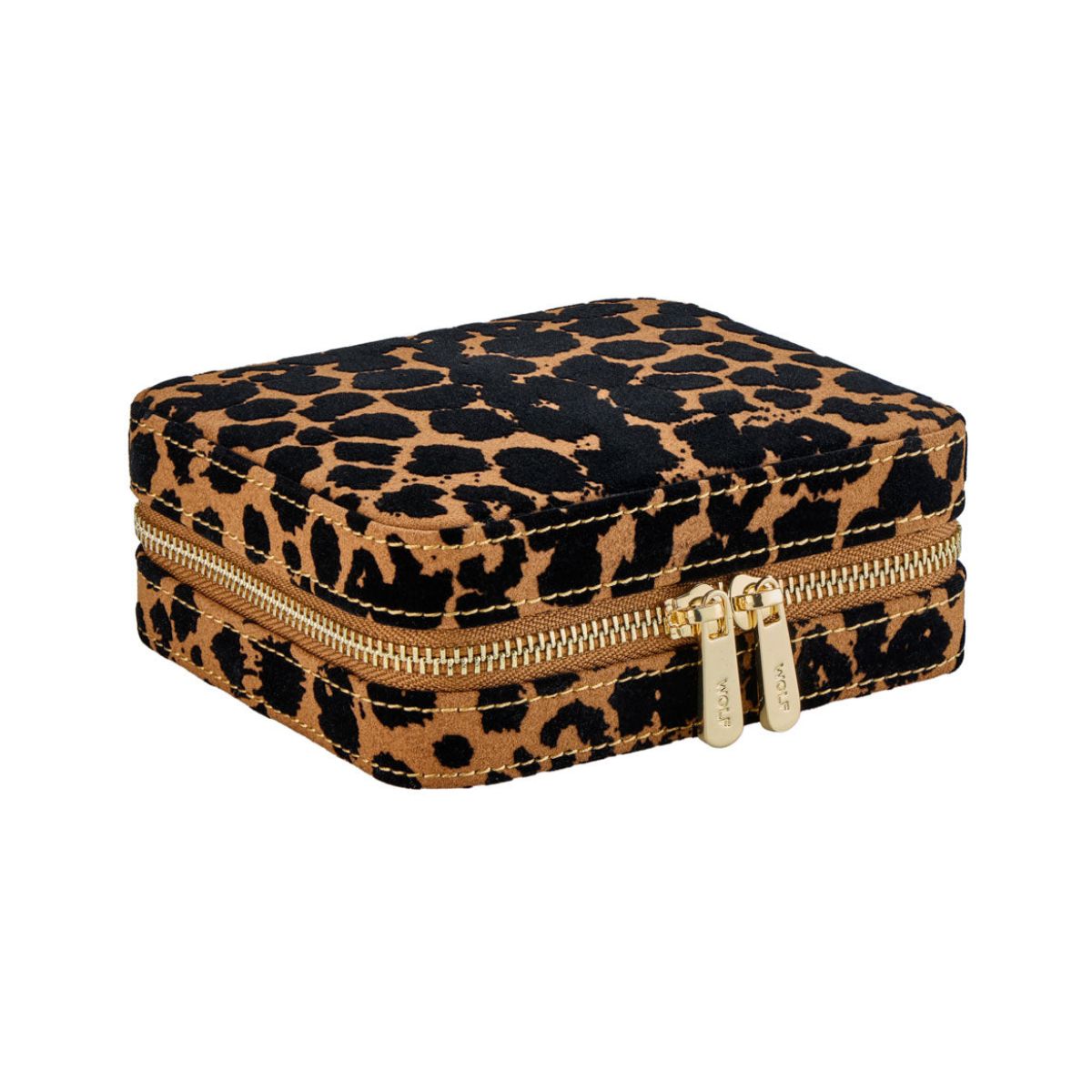 WOLF Savanna leopard print jewellery zip case, closed exterior view