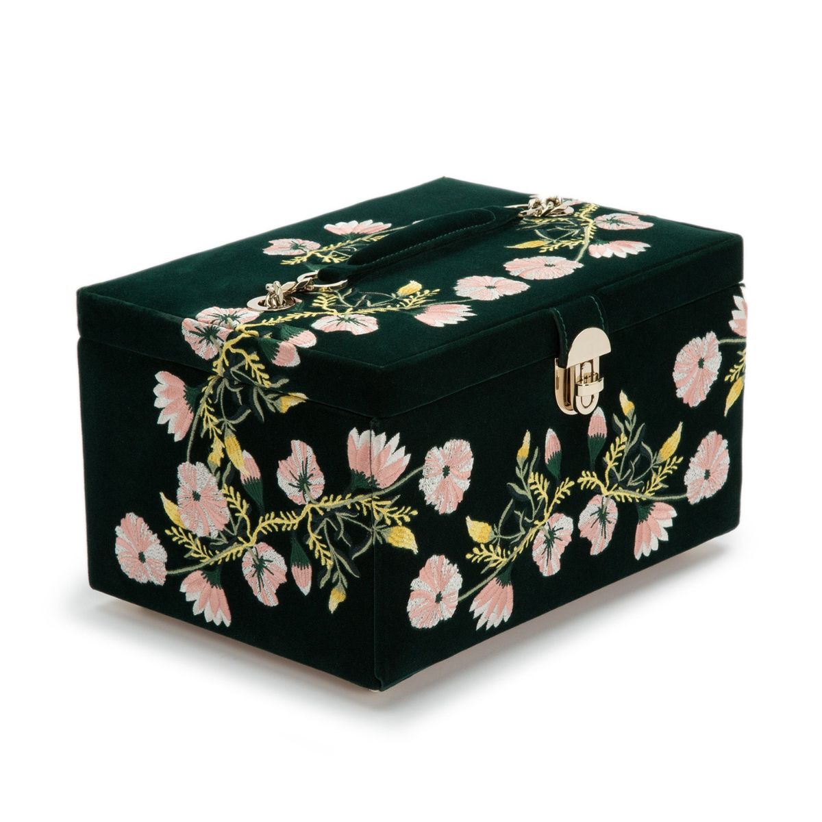 WOLF Zoe medium jewellery box in forest green velvet with floral embroidery, closed lid view