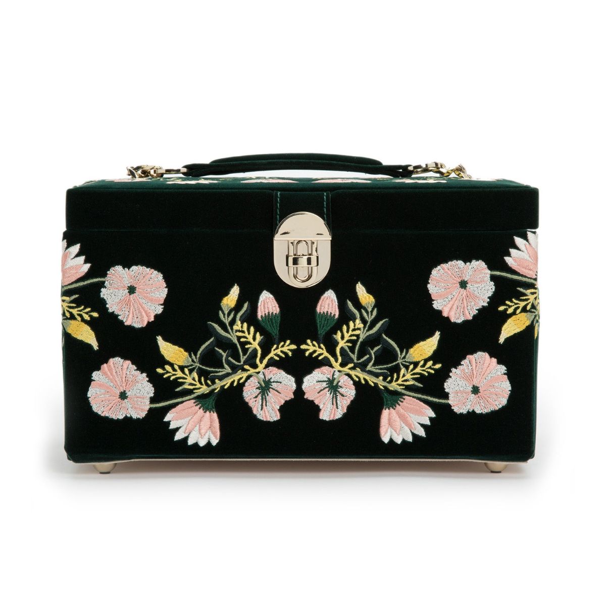 WOLF Zoe jewellery box forest green velvet exterior with pink and gold floral embroidery detail