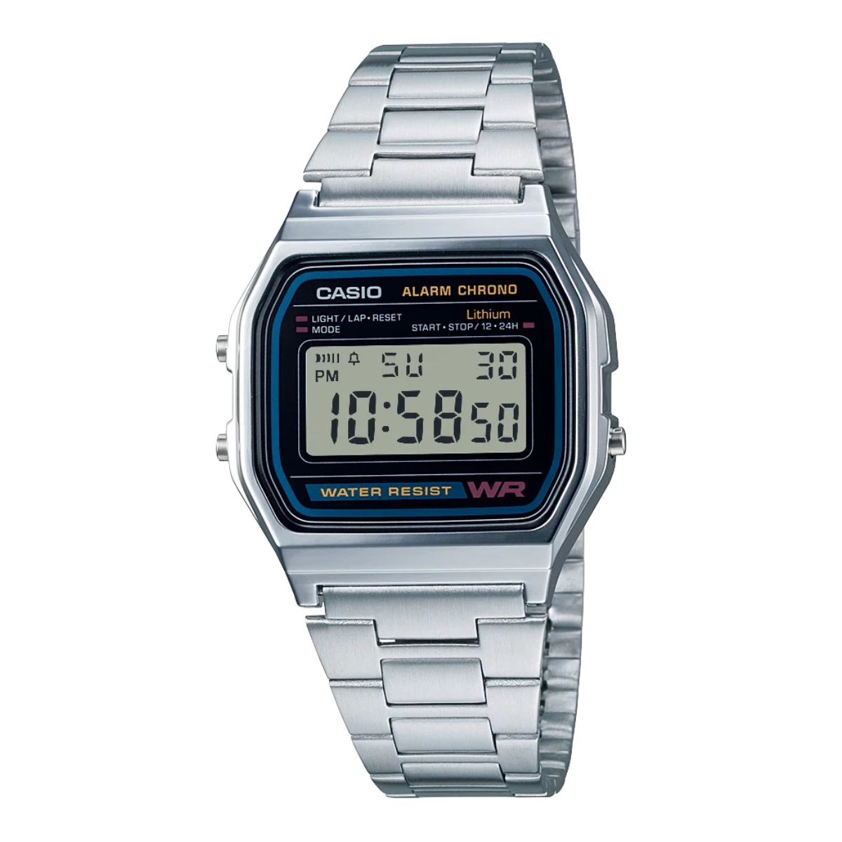 A silver Casio digital watch with a stainless steel band and a digital display.