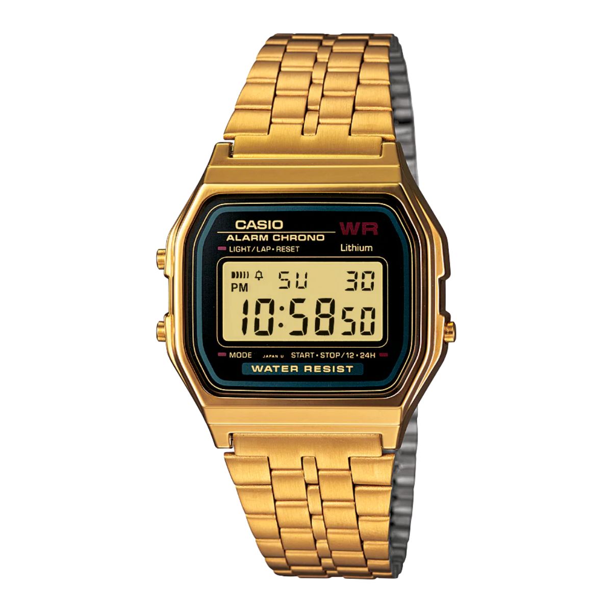 A Casio vintage digital watch with a gold stainless steel band and black dial, displaying time and date.