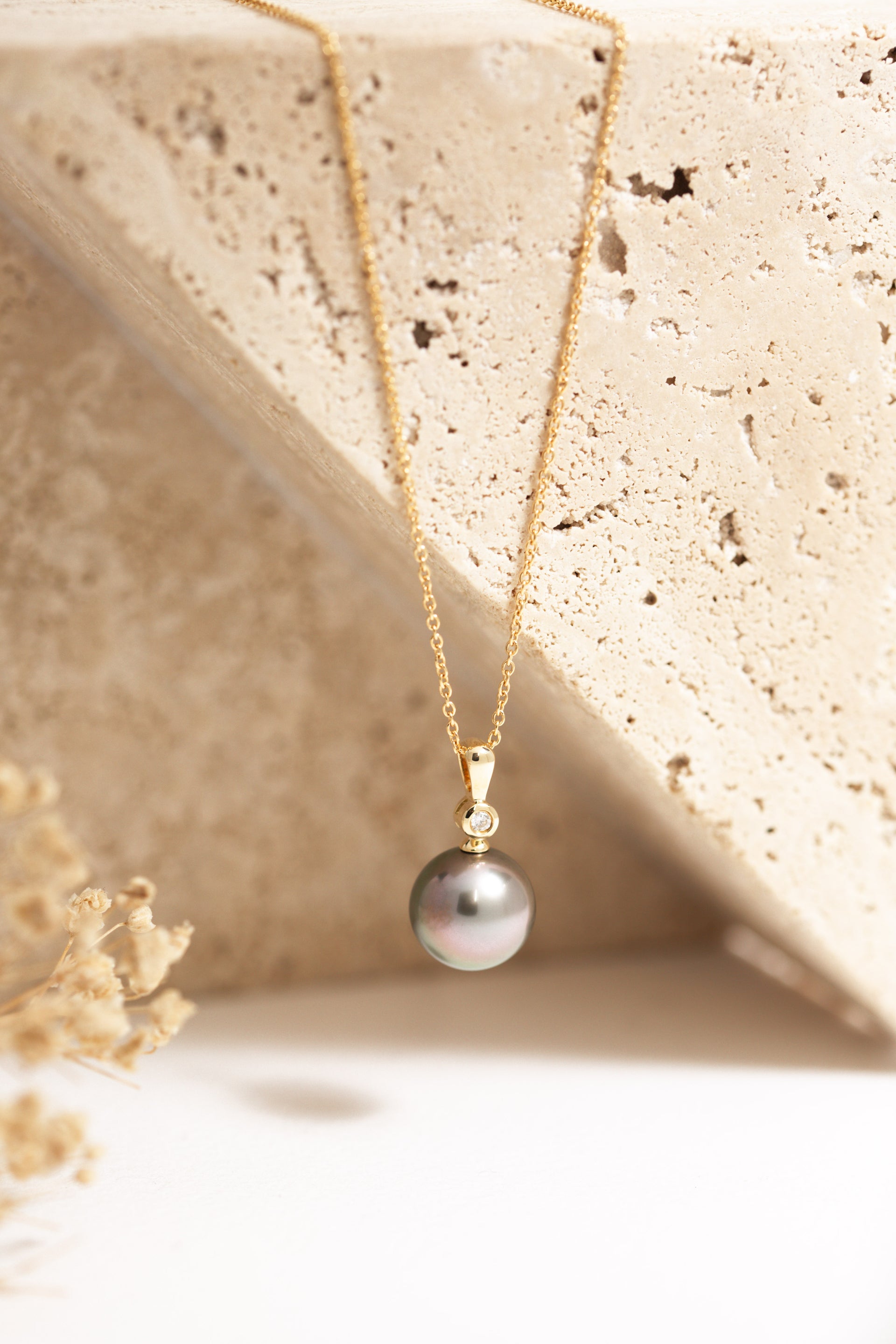 Black Pearl Pendant with Yellow Gold Bale and Bezel Set Diamond