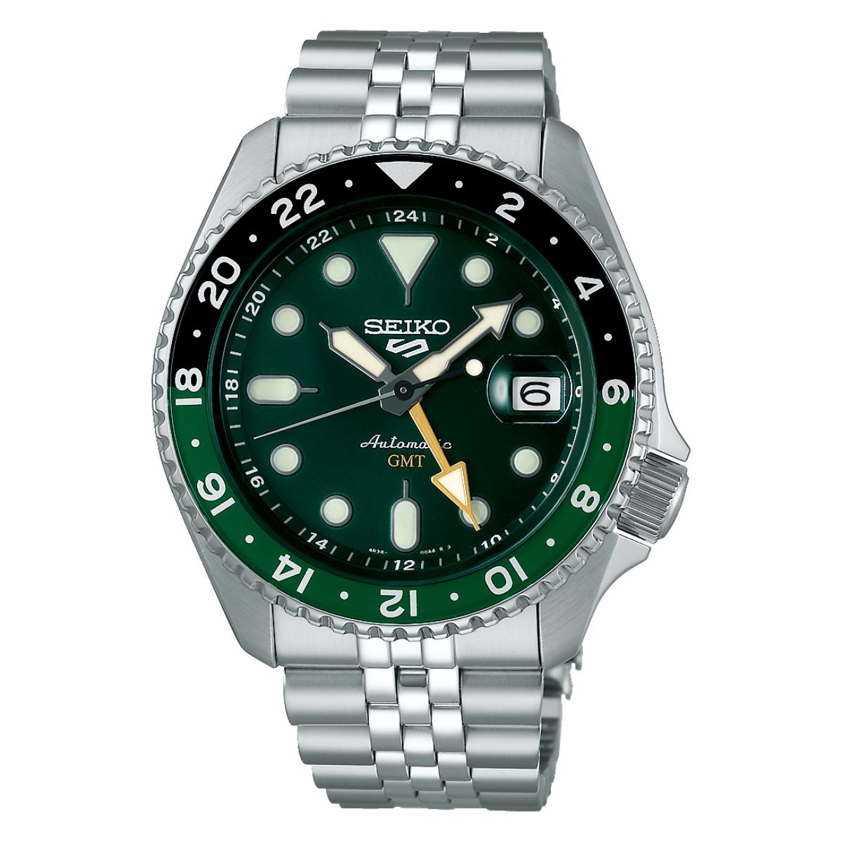 A Seiko 5 Sports GMT Automatic watch with a green dial, stainless steel bracelet, and black bezel.