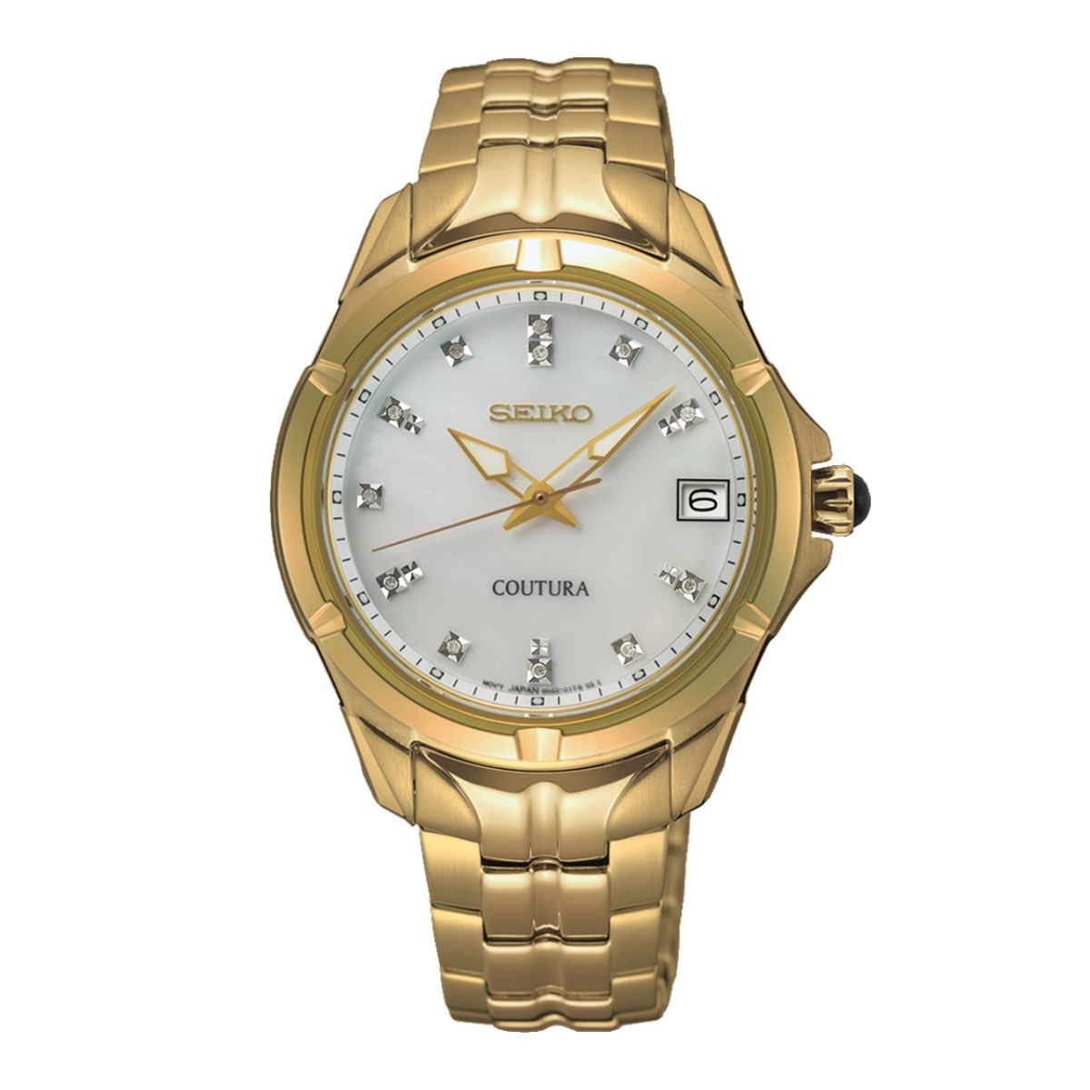 Seiko Coutura SUR596P women’s watch with gold-tone stainless steel case and bracelet, white dial, and elegant design – stylish and reliable timepiece for everyday wear.
