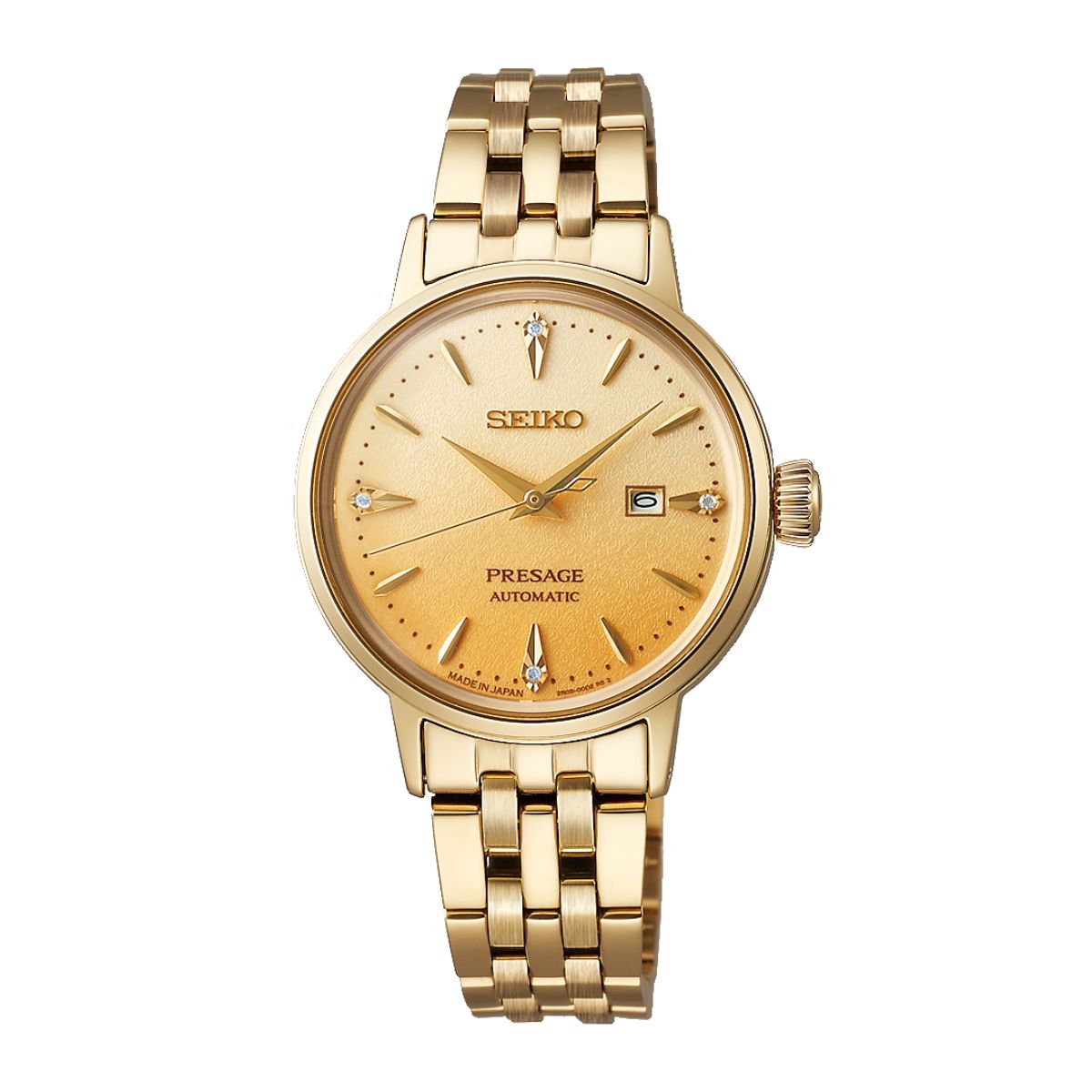 Seiko Presage SRE018J1 ladies automatic watch with elegant stainless steel case, silver dial, and refined bracelet – a classic Japanese timepiece combining style and precision.
