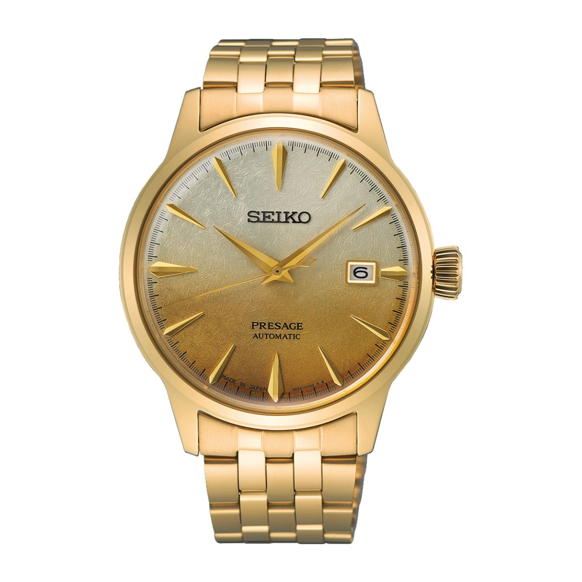 Seiko Presage SRPK46J1 automatic men’s watch — gold-tone 40.5 mm case, gradient gold dial, date window at 3 o’clock.