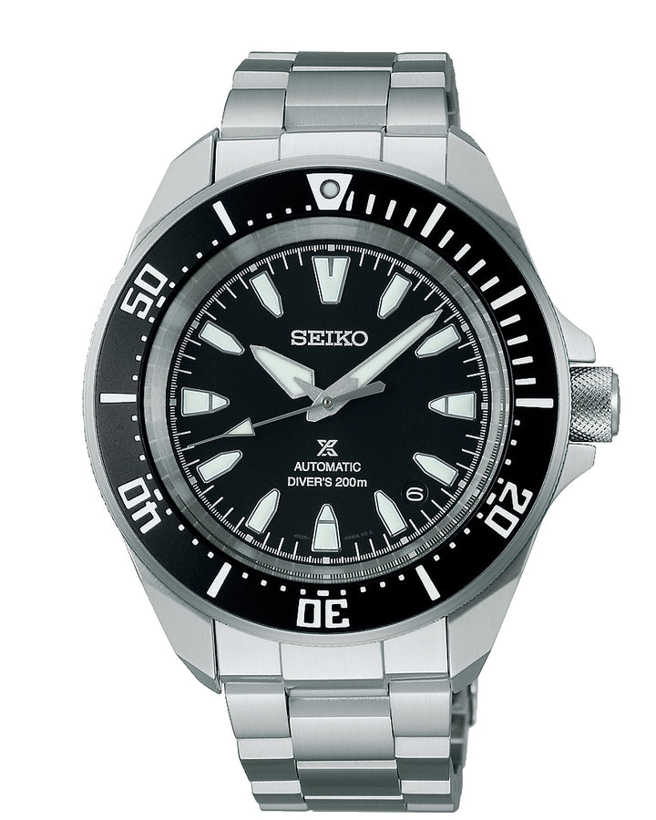 Seiko Prospex Divers SRPL13K automatic dive watch with black dial, stainless steel case and bracelet, featuring 200m water resistance and a rugged, professional design.