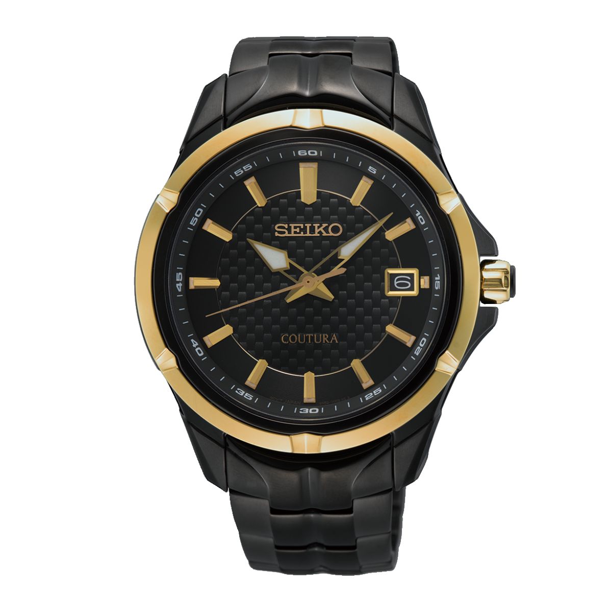 Seiko SUR598P men’s quartz watch with classic silver-tone stainless steel case, white dial, and black pvd strap – timeless design with reliable everyday performance.