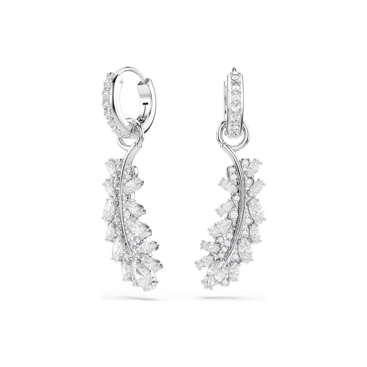 A pair of silver hoop earrings with leaf-shaped clusters of clear marquise and round-cut stones, shown on a plain white background.