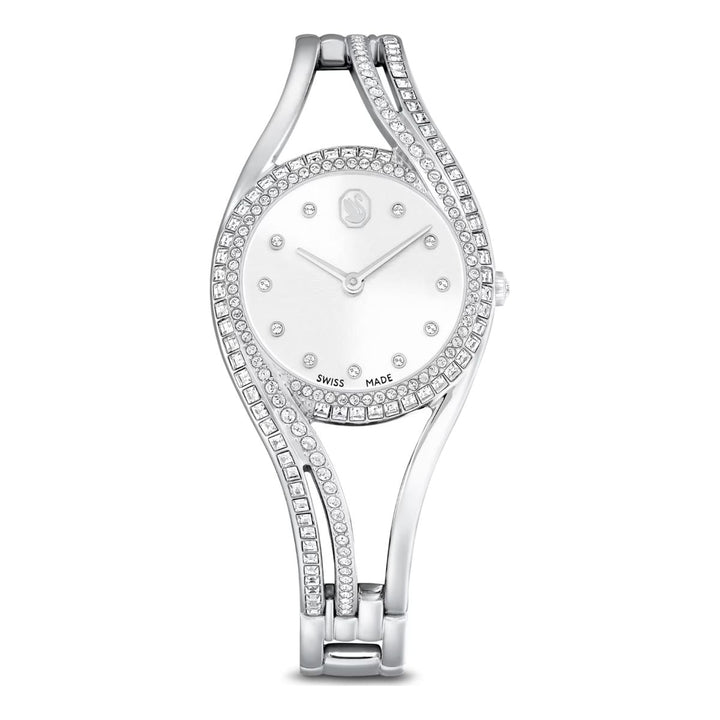 Distinguished by elegant curves and a sense of refinement, this Hyperbola bangle watch blurs the line between jewellery and timepiece. The 28mm stainless steel case features a combined bezel and bracelet set with 176 clear crystals in princess and round cuts.